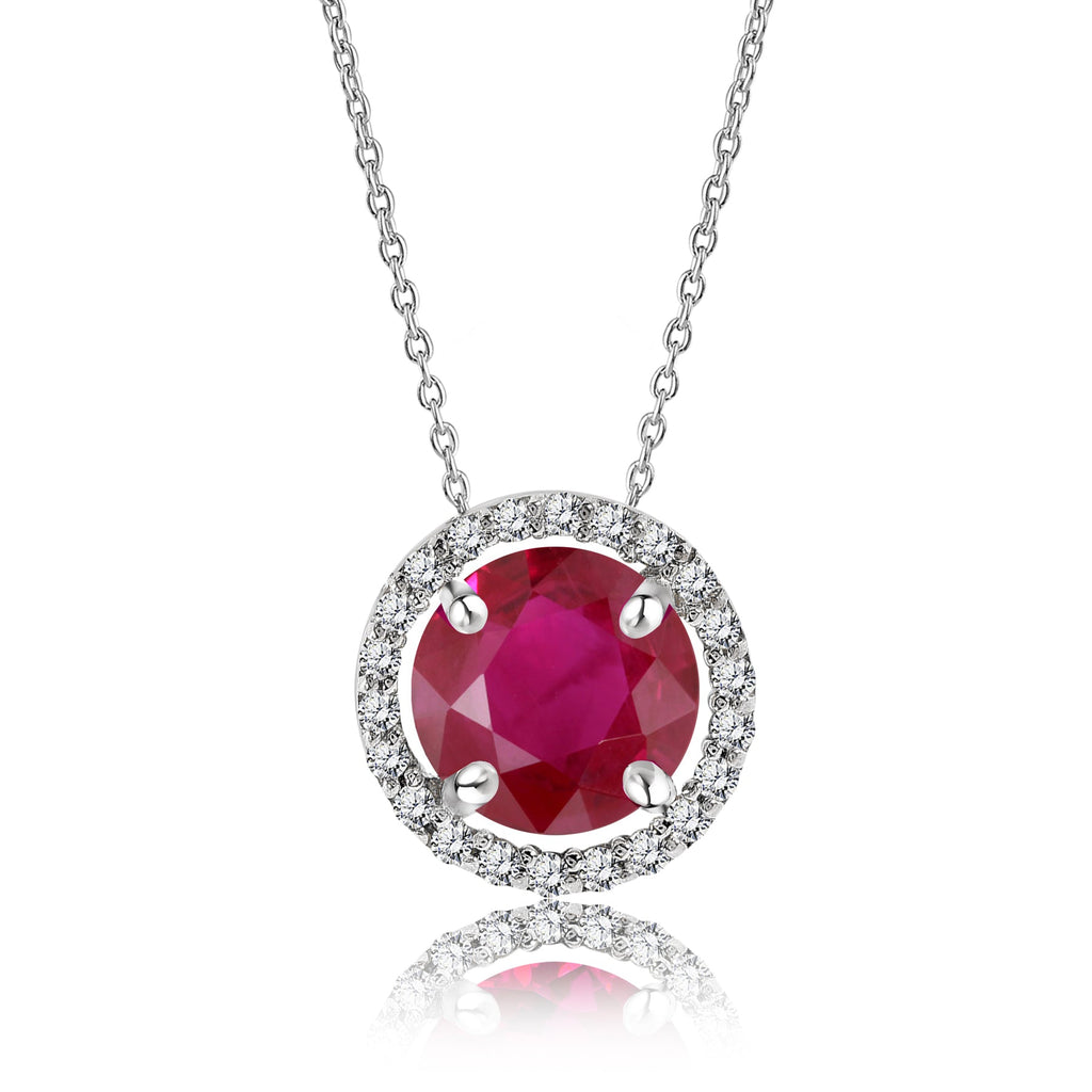 Solitaire 1.25 Carat Round Cut - Ruby - July Birthstone Halo Pendant Necklace 18k White Gold plating over Silver, Adult, Female