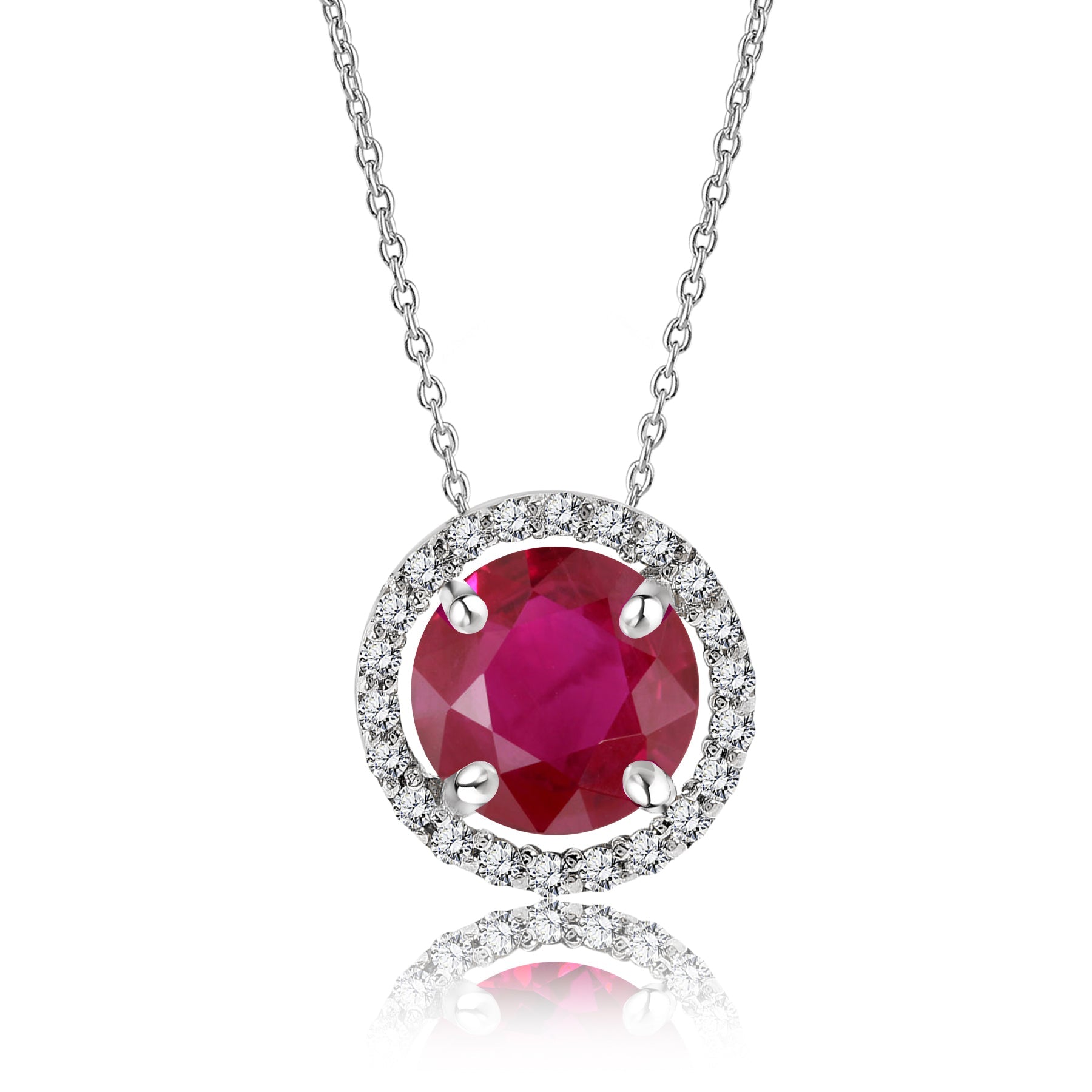 Solitaire 1.25 Carat Round Cut - Ruby - July Birthstone Halo Pendant Necklace 18k White Gold plating over Silver, Adult, Female
