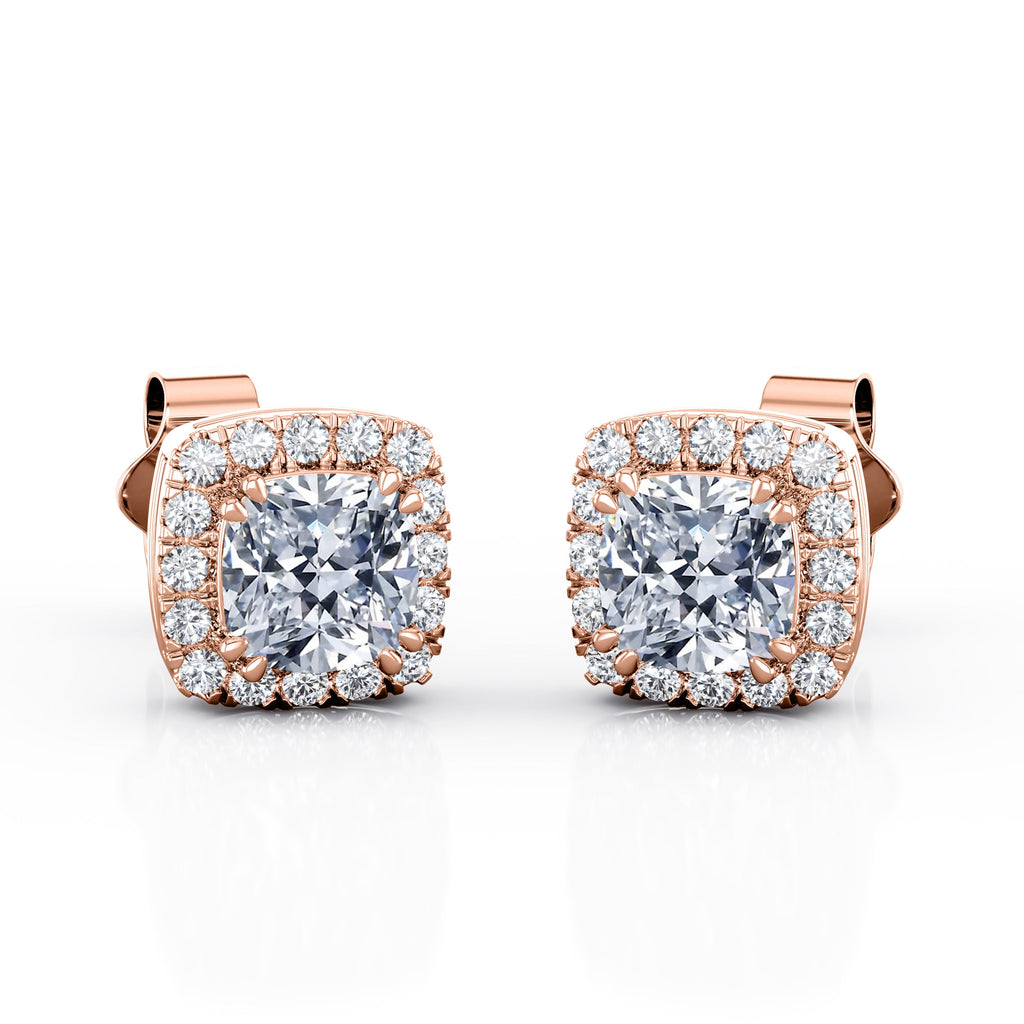 Double Prong 1.10 Carat Cushion Cut Certified Moissanite and Diamond Halo Pave Stud Earrings in Yellow Gold