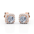 Double Prong 1.10 Carat Cushion Cut Certified Moissanite and Diamond Halo Pave Stud Earrings in Yellow Gold