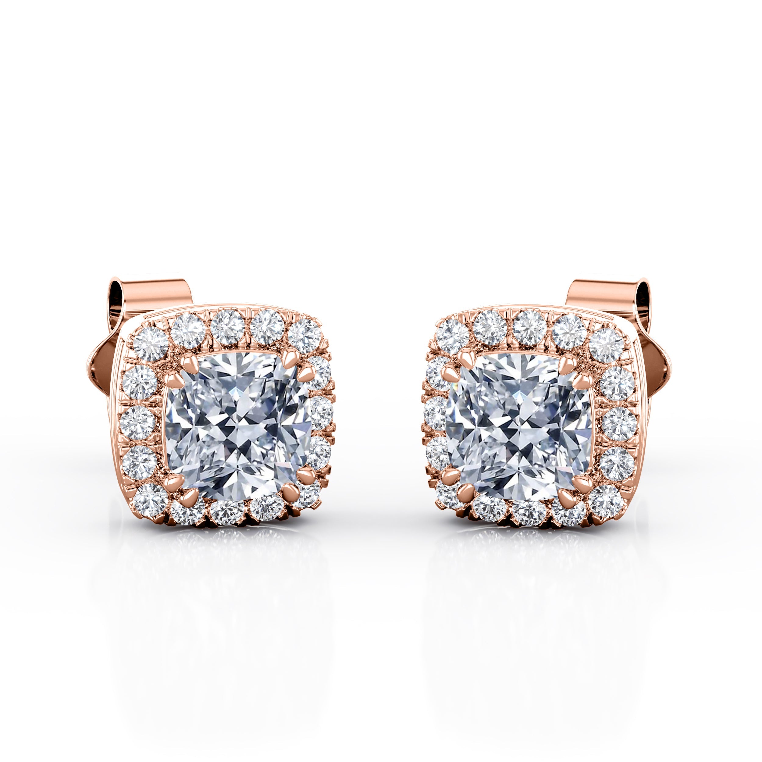 Double Prong 1.10 Carat Cushion Cut Certified Moissanite and Diamond Halo Pave Stud Earrings in Yellow Gold