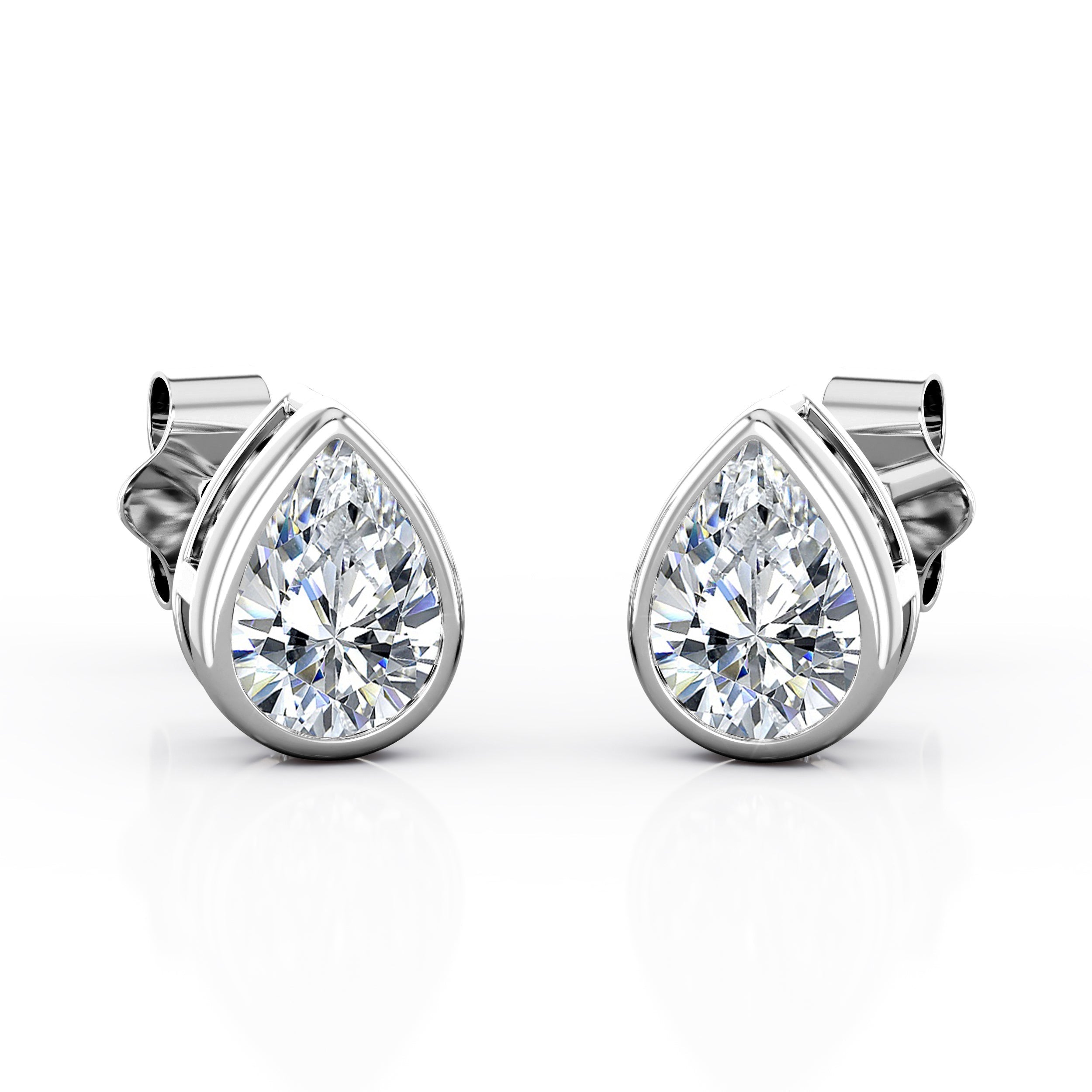 JeenMata Bezel Set 1 Carat Pear Shaped Moissanite Solitaire Stud Earrings In 18K White Gold Plating Over Silver