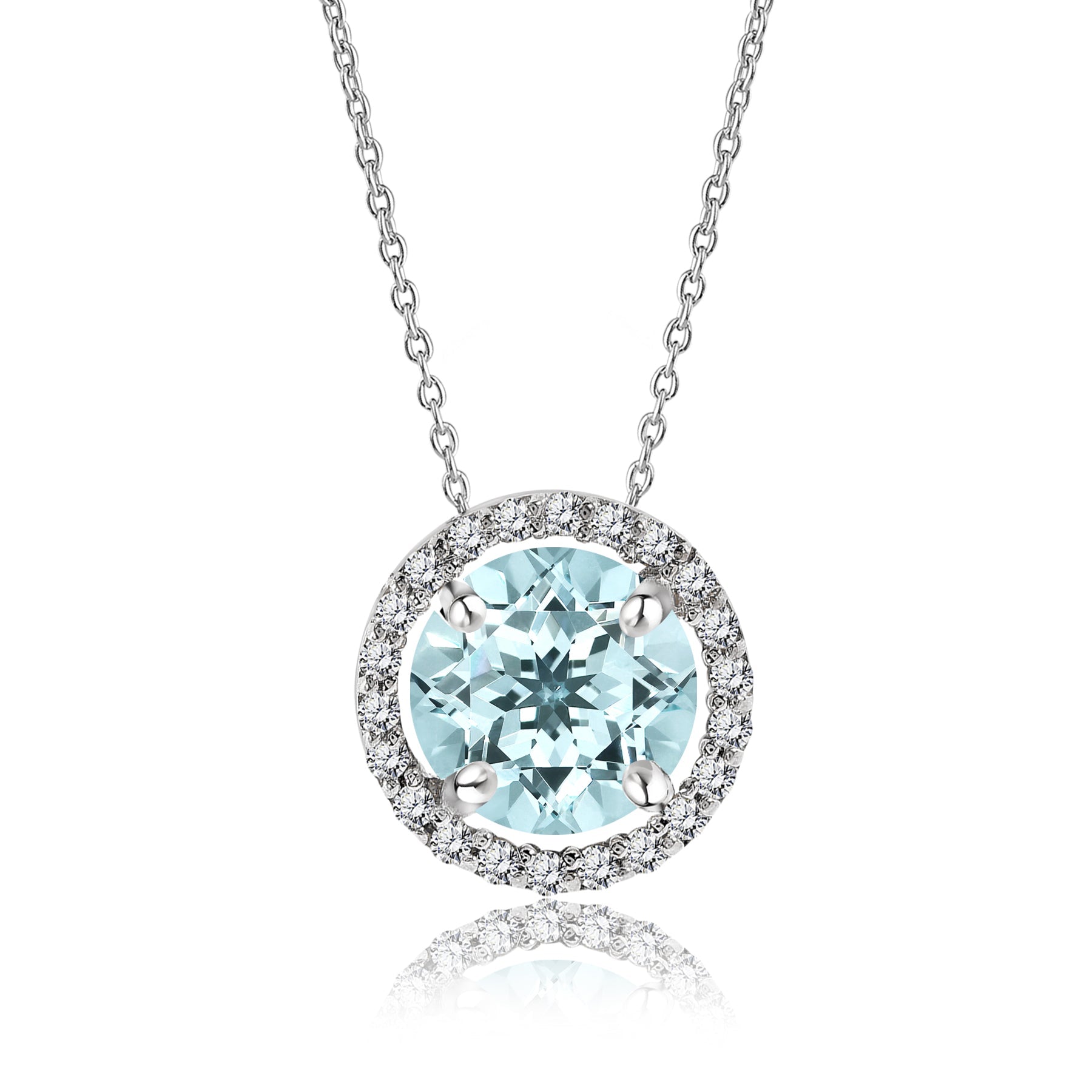 Solitaire 1.25 Carat Round Cut - Aquamarine - March Birthstone Halo Pendant Necklace 18k White Gold plating over Silver, Adult, Female
