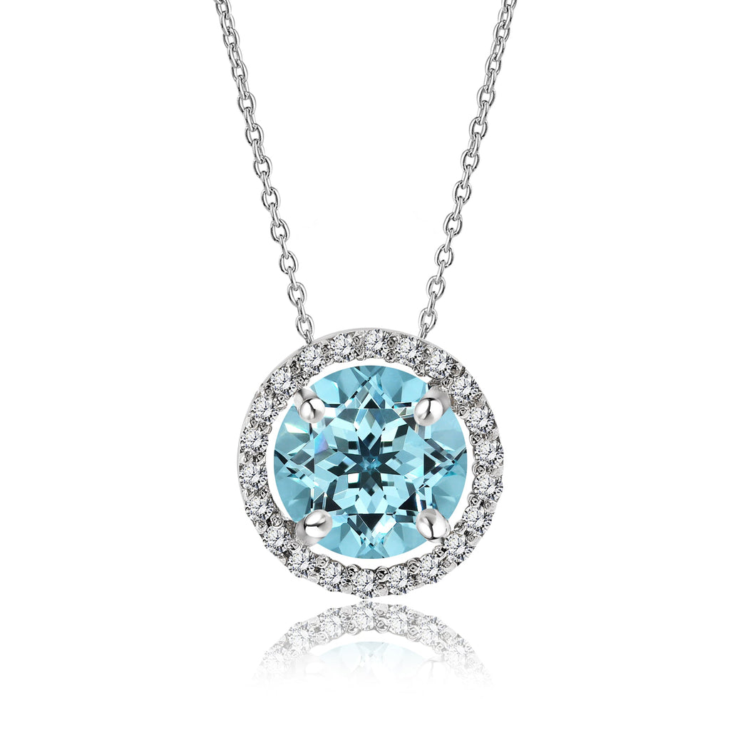 Solitaire 1.25 Carat Round Cut - Blue Topaz - December Birthstone Halo Pendant Necklace 18k White Gold plating over Silver, Adult, Female