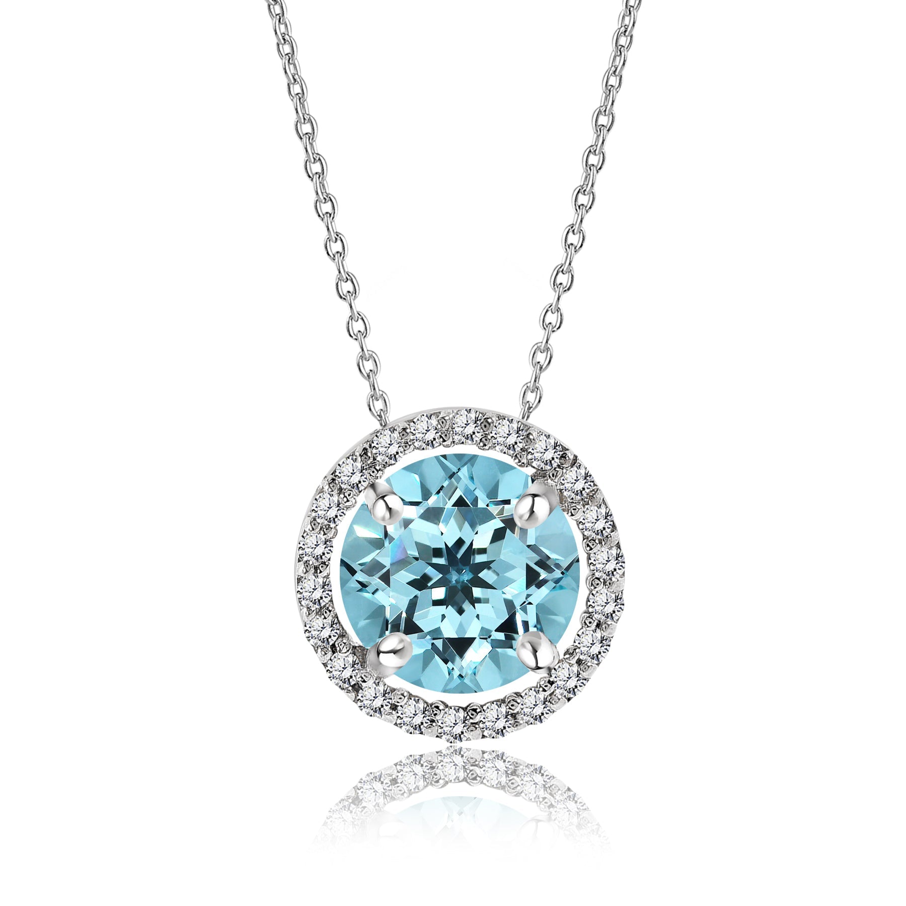 Solitaire 1.25 Carat Round Cut - Blue Topaz - December Birthstone Halo Pendant Necklace 18k White Gold plating over Silver, Adult, Female