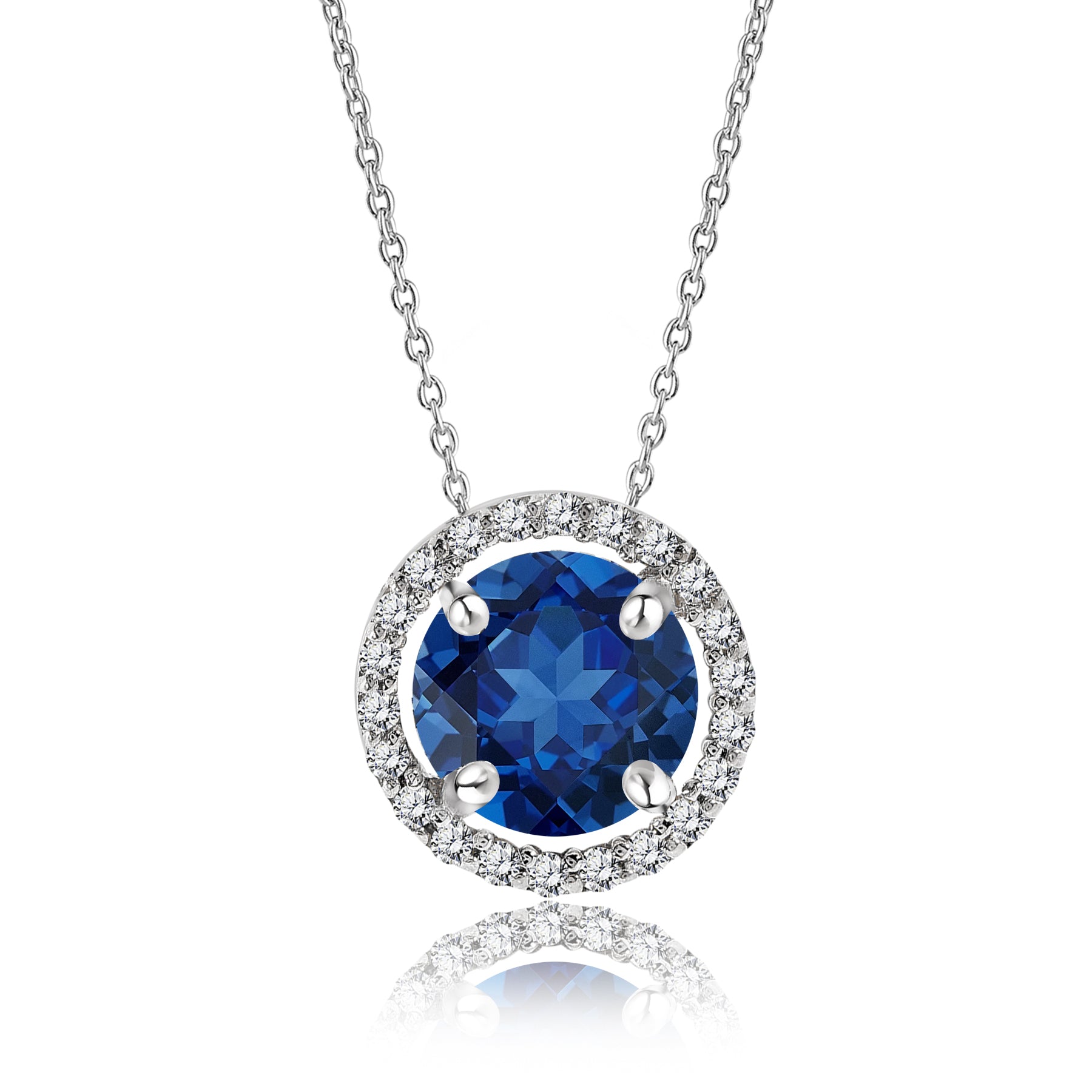Solitaire 1.25 Carat Round Cut - Blue Sapphire - September Birthstone Halo Pendant Necklace 18k White Gold plating over Silver, Adult, Female