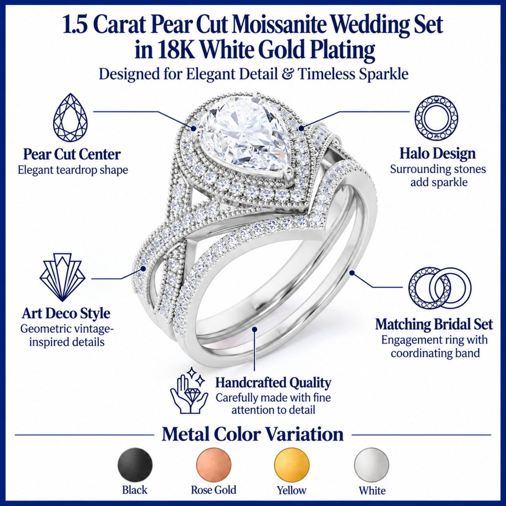 JeenMata 1.5 Carat Pear Cut Moissanite Wedding Set - Bridal Set - Art Deco Ring - Halo Ring - Cluster Ring - 18k White Gold Plated for Women