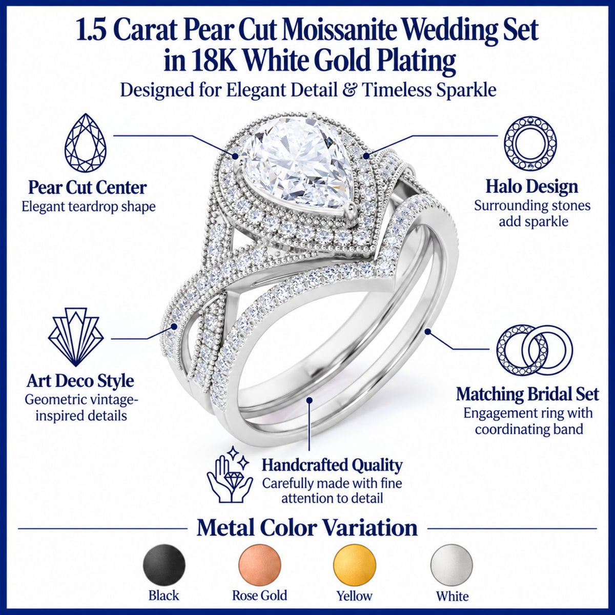 JeenMata 1.5 Carat Pear Cut Moissanite Wedding Set - Bridal Set - Art Deco Ring - Halo Ring - Cluster Ring - 18k White Gold Plated for Women