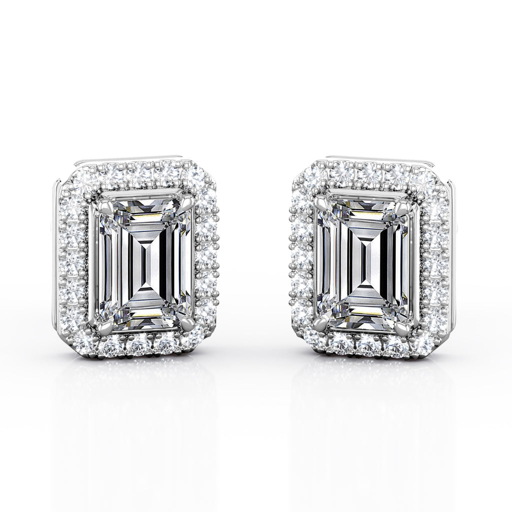 JeenMata Halo Cluster 1.1 Carat Emerald Cut Moissanite 4 Prong Set Stud Earrings in 18K White Gold Plating over Silver