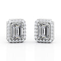 JeenMata Halo Cluster 1.1 Carat Emerald Cut Moissanite 4 Prong Set Stud Earrings in 18K White Gold Plating over Silver