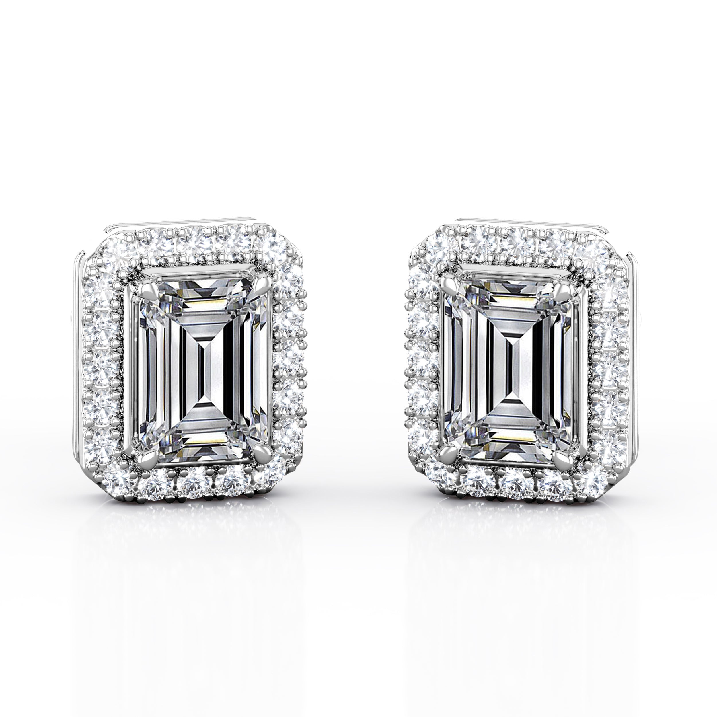 JeenMata Halo Cluster 1.1 Carat Emerald Cut Moissanite 4 Prong Set Stud Earrings in 18K White Gold Plating over Silver