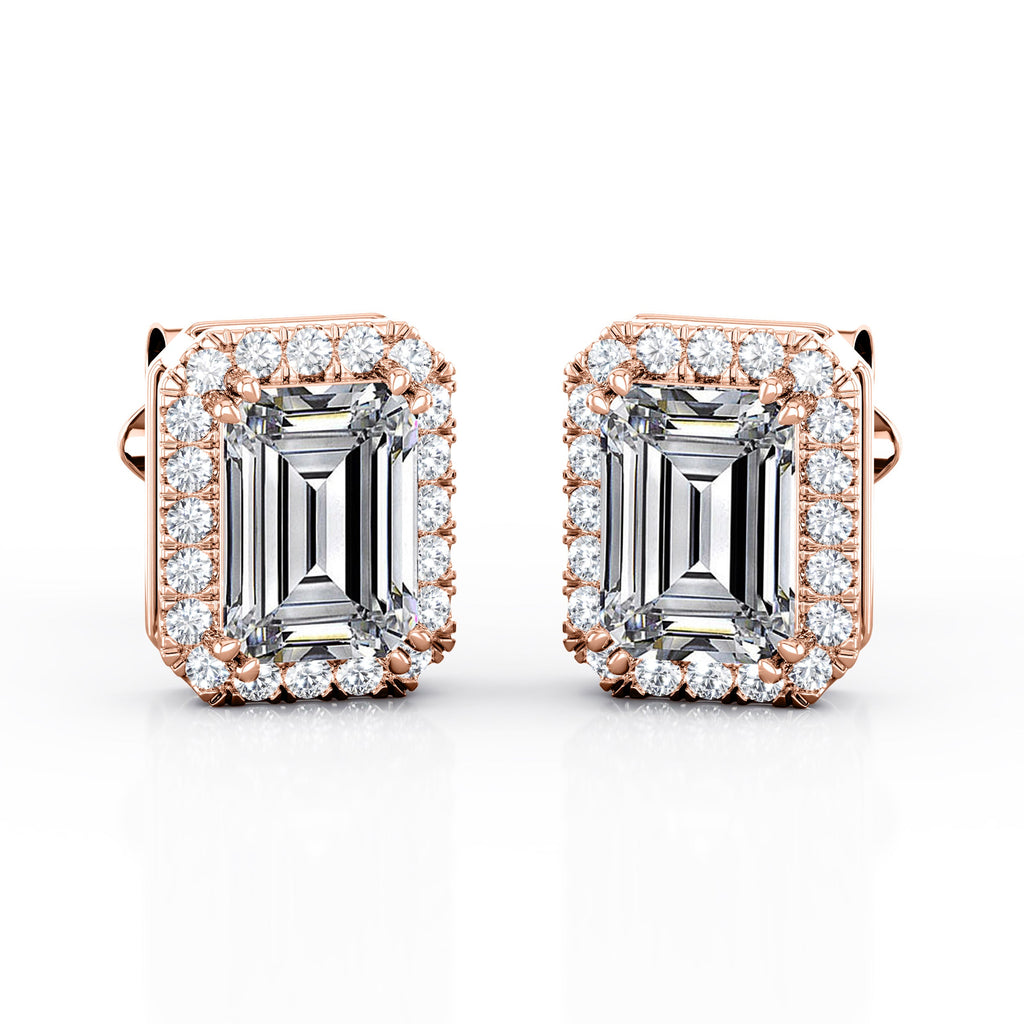 Antique Double Prong 2.10 Carat Emerald Cut Certified Moissanite and Diamond Halo Stud Earrings