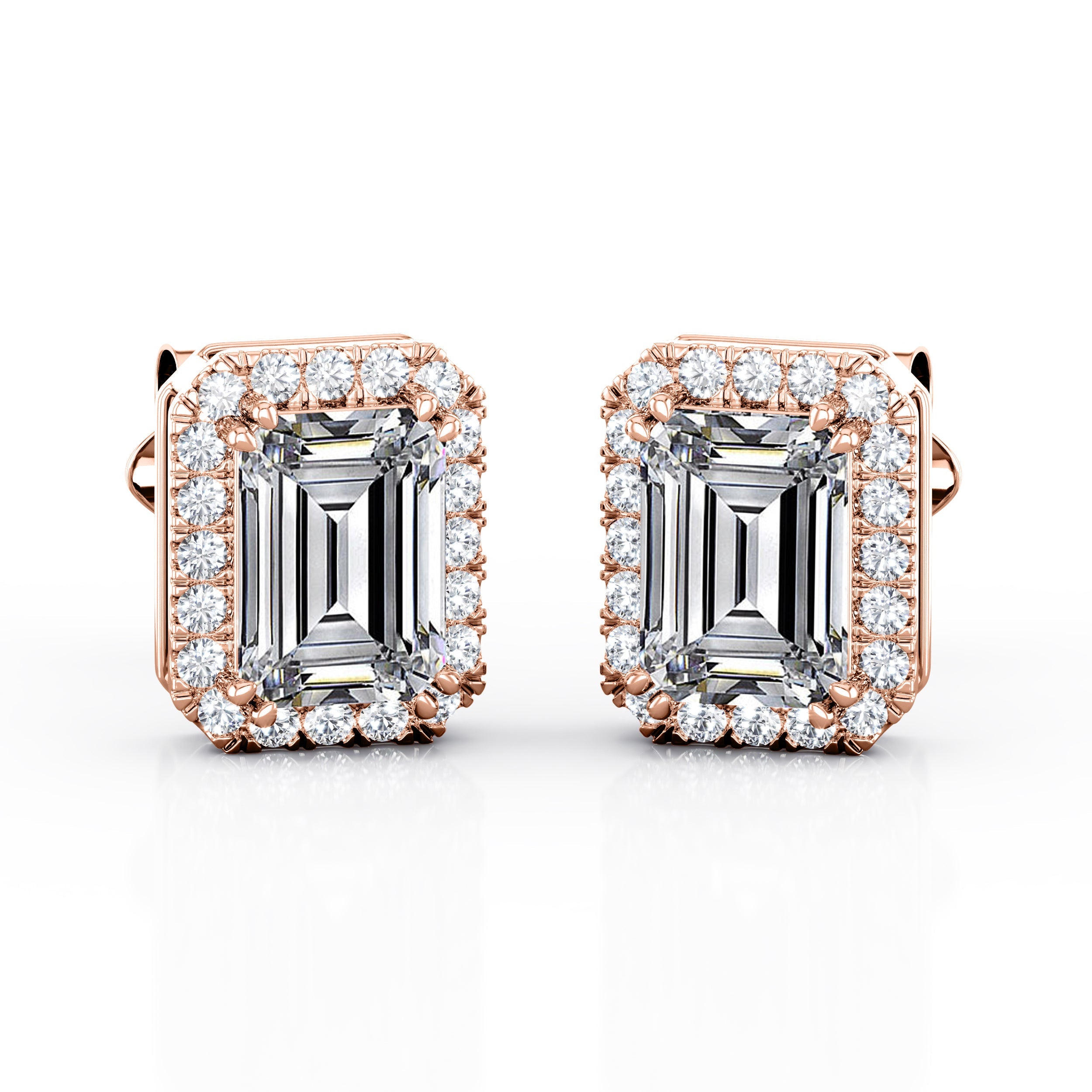 Antique Double Prong 2.10 Carat Emerald Cut Certified Moissanite and Diamond Halo Stud Earrings
