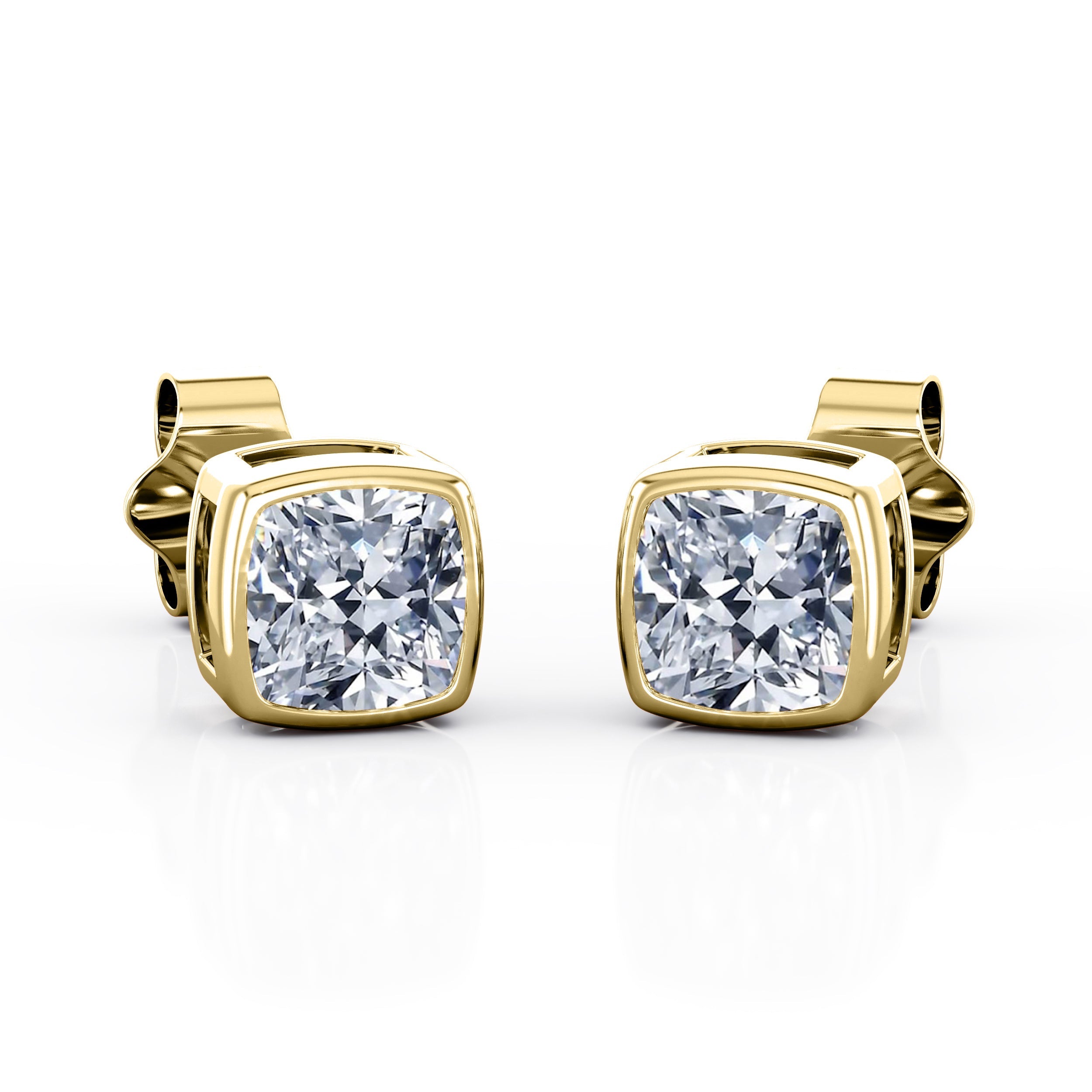 JeenMata Bezel Set 1 Carat Cushion Shaped Moissanite Solitaire Stud Earrings In 18K White Gold Plating Over Silver
