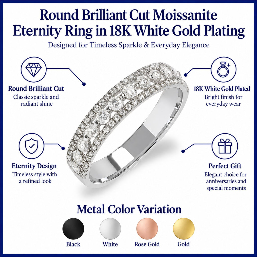JeenMata Double Pave - 0.75 Carat Round Brilliant Cut Moissanite - Eternity Anniversary Ring - 18K White Gold Plating for Women