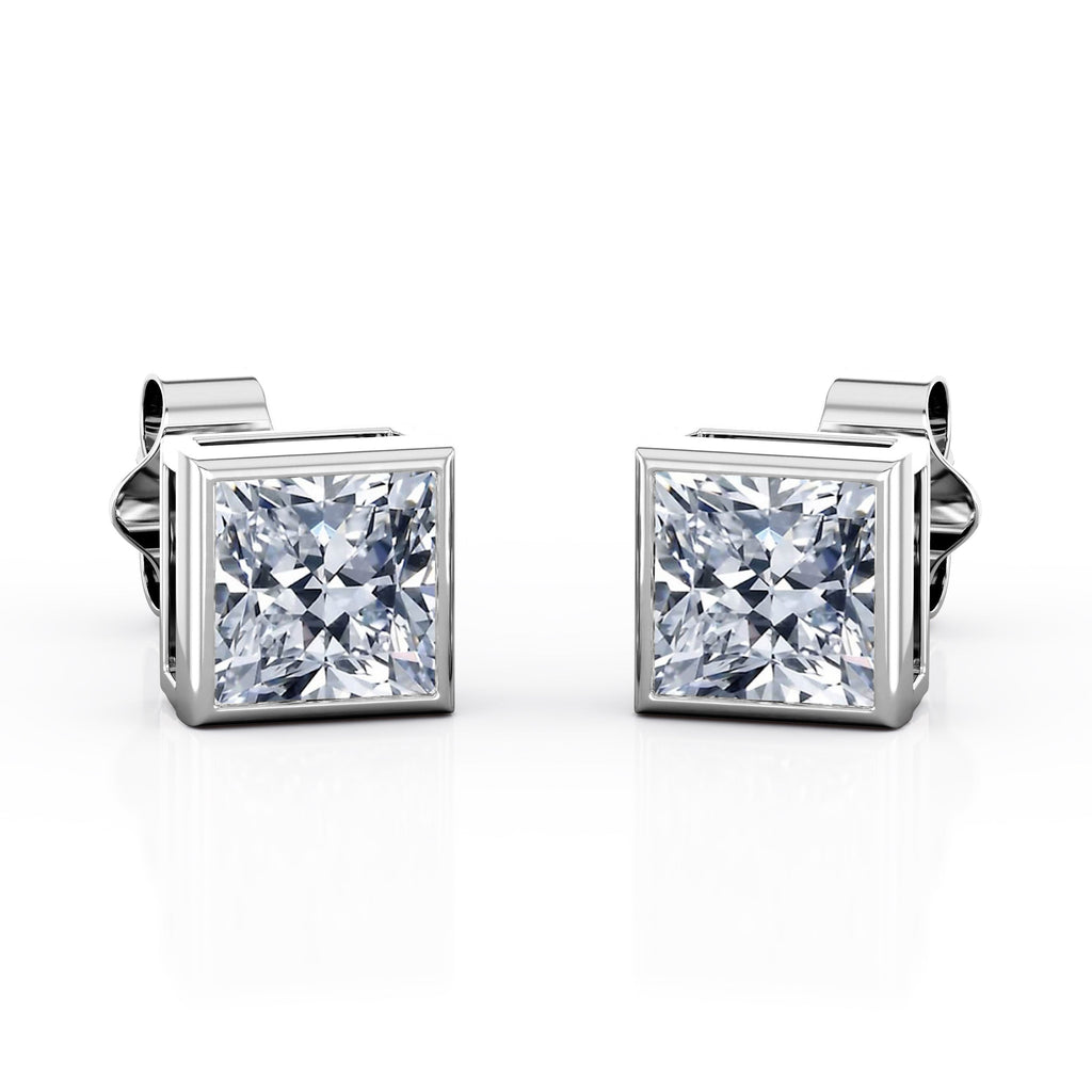 JeenMata Bezel Set 2 Carat Princess Shaped Moissanite Solitaire Stud Earrings In 18K White Gold Plating Over Silver