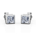 JeenMata Bezel Set 2 Carat Princess Shaped Moissanite Solitaire Stud Earrings In 18K White Gold Plating Over Silver