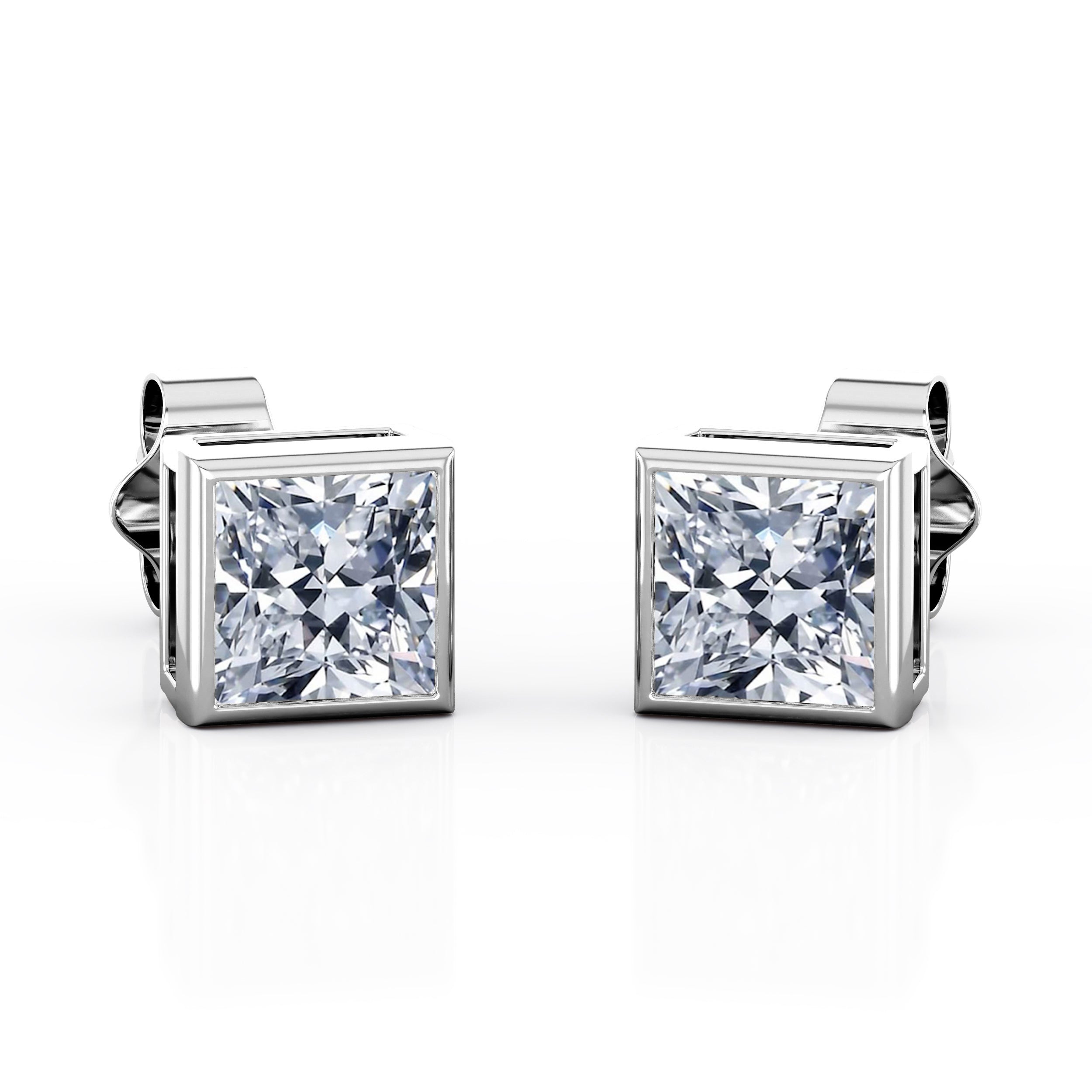JeenMata Bezel Set 1 Carat Princess Shaped Moissanite Solitaire Stud Earrings In 18K White Gold Plating Over Silver