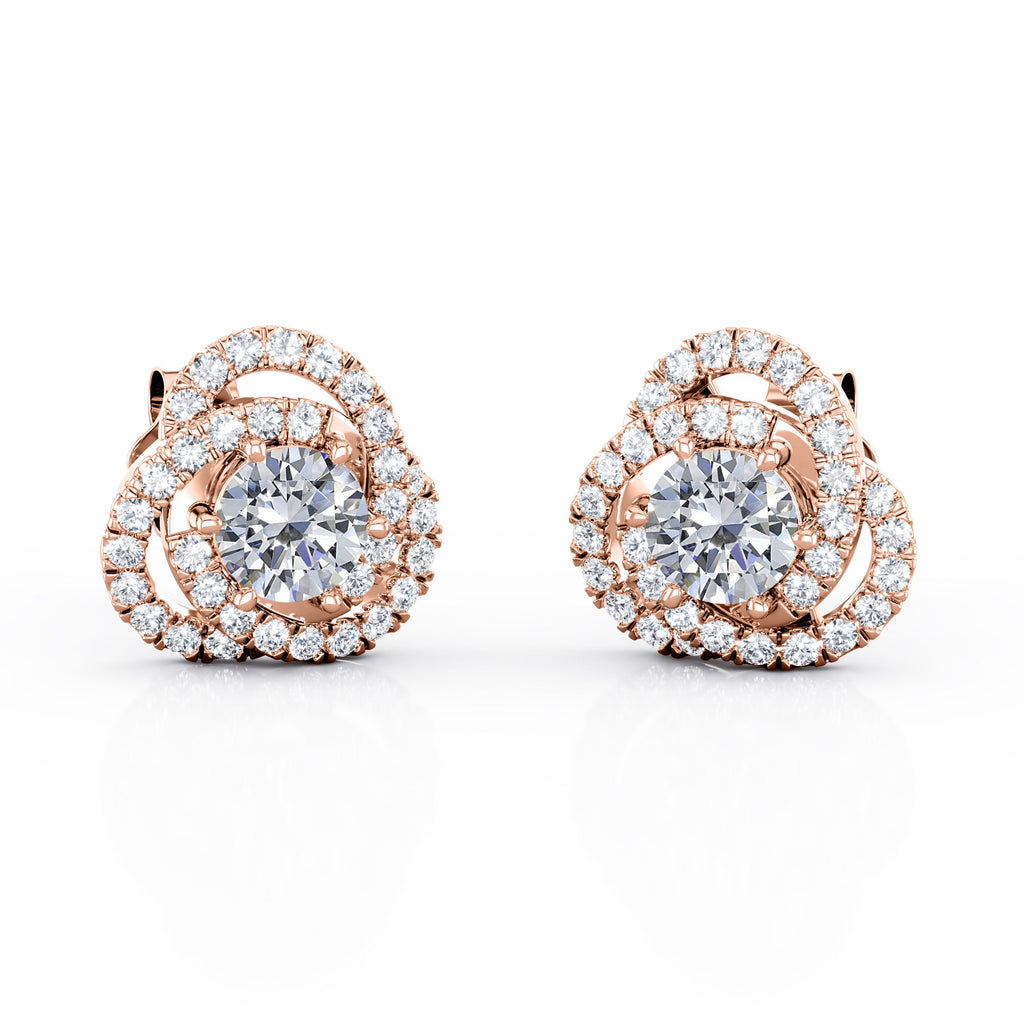 Flower Knot 0.70 Carat Round Cut Certified Moissanite and Diamond French Pave Ear Studs in Rose Gold