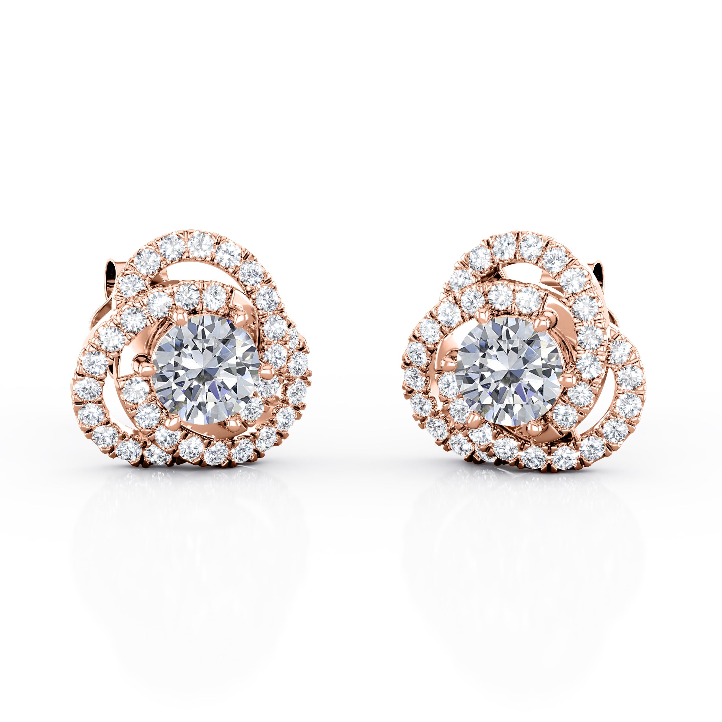 Flower Knot 0.70 Carat Round Cut Certified Moissanite and Diamond French Pave Ear Studs in Rose Gold