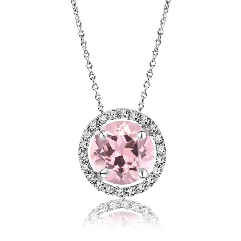 Solitaire 1.25 Carat Round Cut - Pink Tourmaline - October Birthstone Halo Pendant Necklace 18k White Gold plating over Silver, Adult, Female