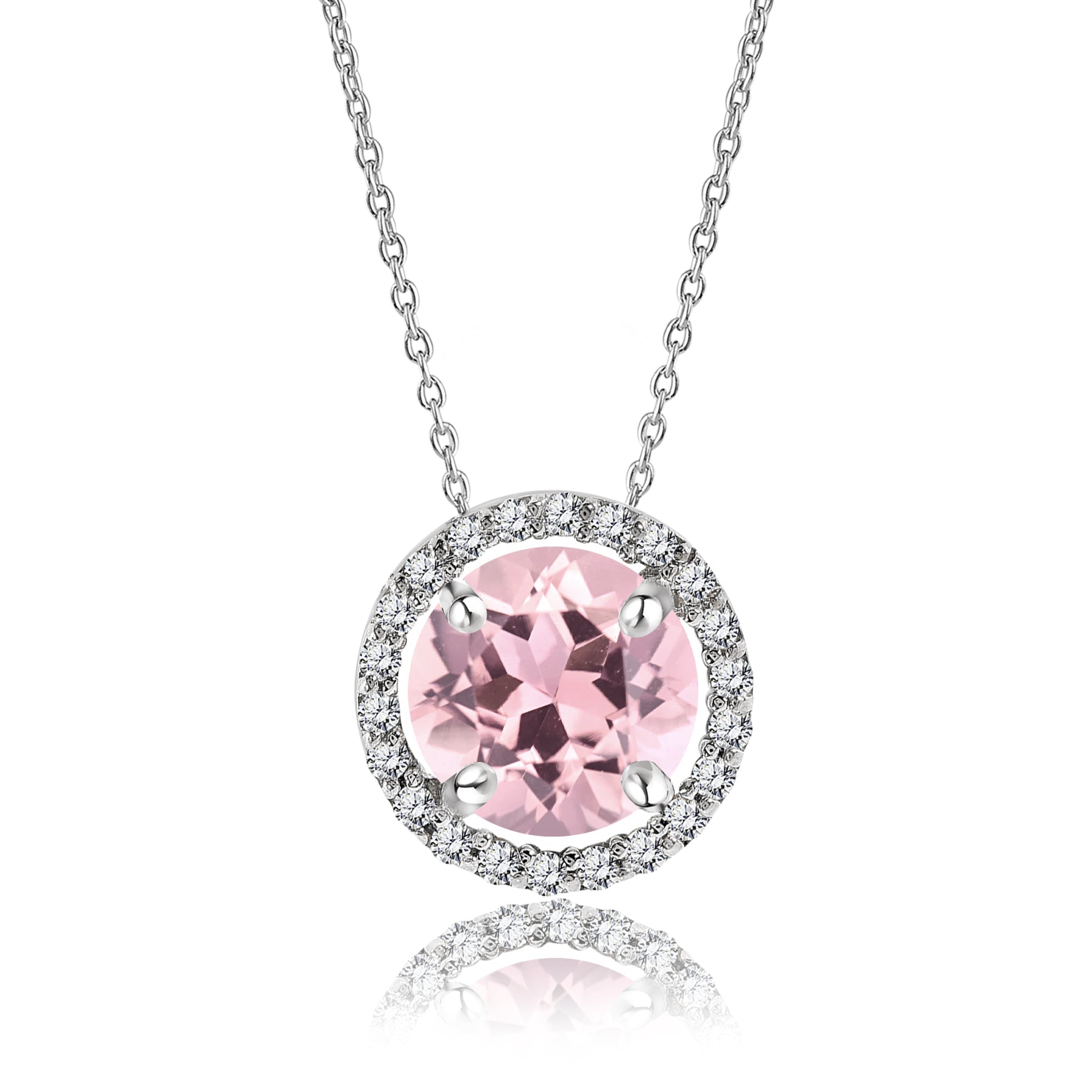 Solitaire 1.25 Carat Round Cut - Pink Tourmaline - October Birthstone Halo Pendant Necklace 18k White Gold plating over Silver, Adult, Female