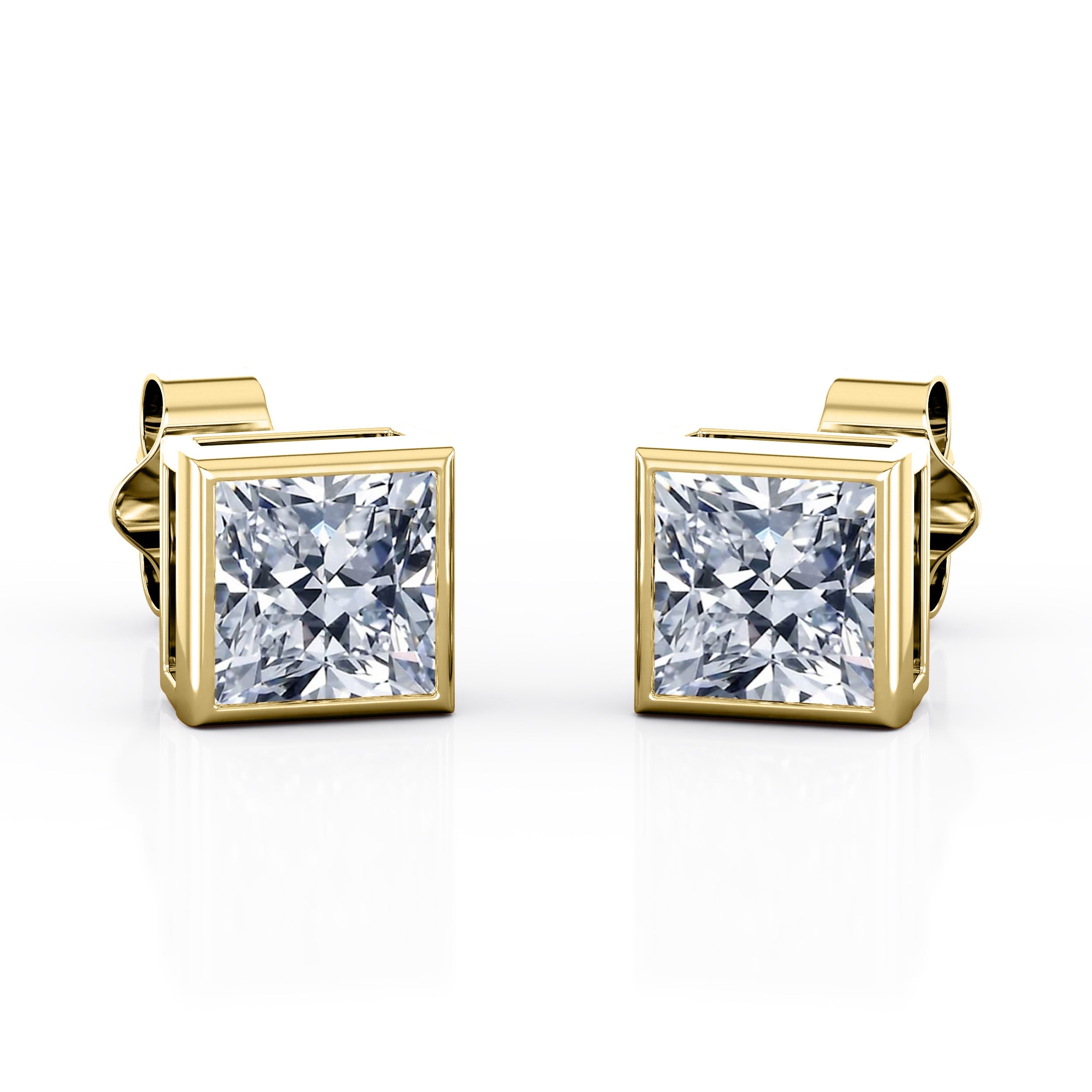 JeenMata Bezel Set 1 Carat Princess Shaped Moissanite Solitaire Stud Earrings In 18K White Gold Plating Over Silver