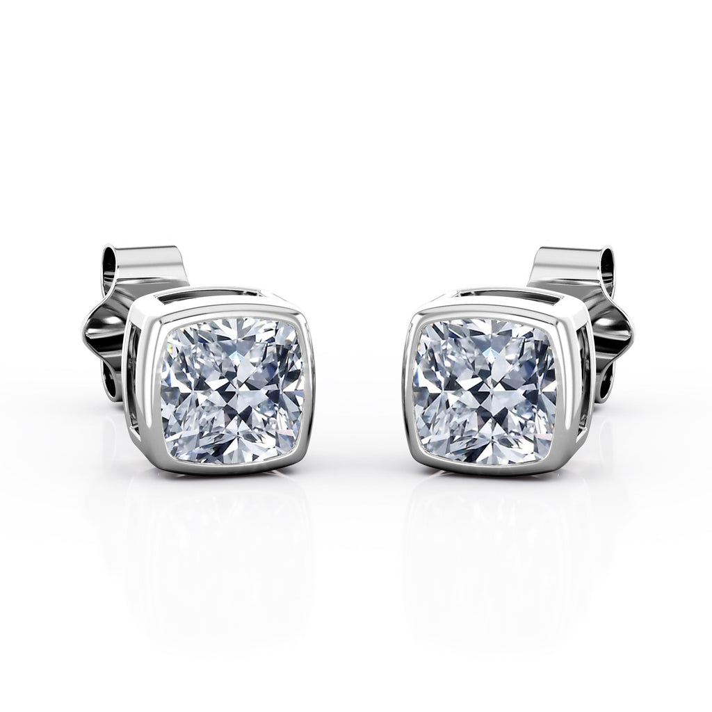 JeenMata Bezel Set 1 Carat Cushion Shaped Moissanite Solitaire Stud Earrings In 18K White Gold Plating Over Silver