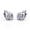 JeenMata Bezel Set 1 Carat Cushion Shaped Moissanite Solitaire Stud Earrings In 18K White Gold Plating Over Silver