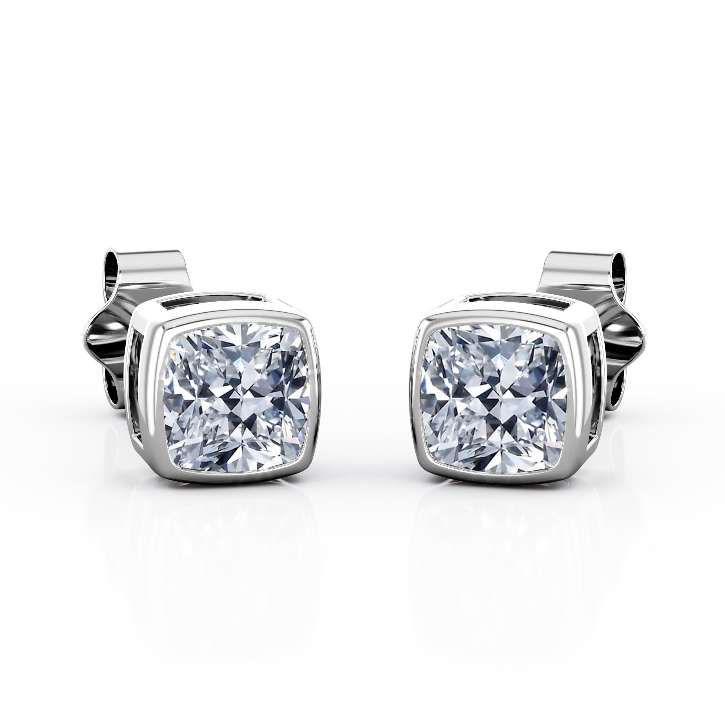 JeenMata Bezel Set 1 Carat Cushion Shaped Moissanite Solitaire Stud Earrings In 18K White Gold Plating Over Silver