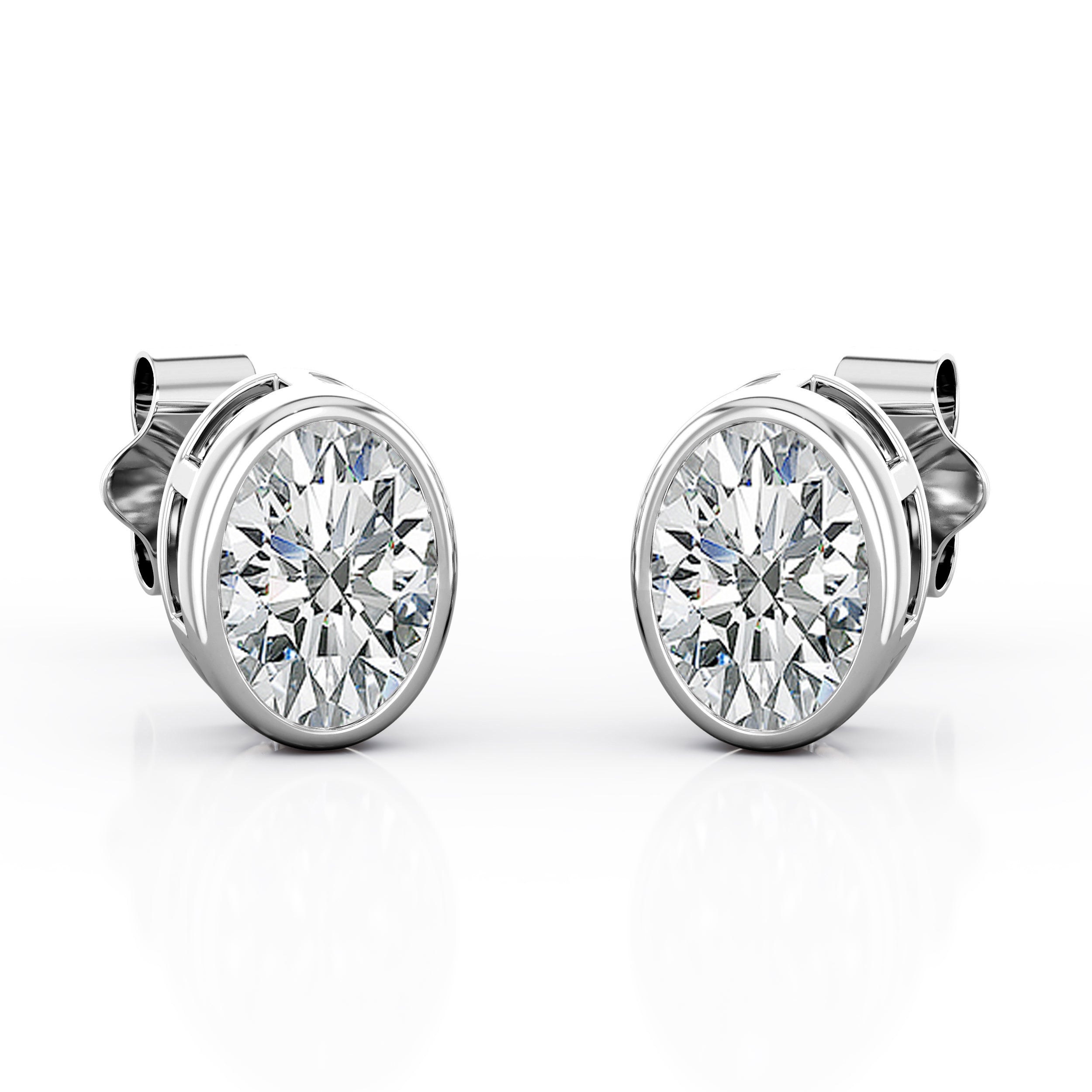 JeenMata Bezel Set 1 Carat Oval Shaped Moissanite Solitaire Stud Earrings In 18K White Gold Plating Over Silver