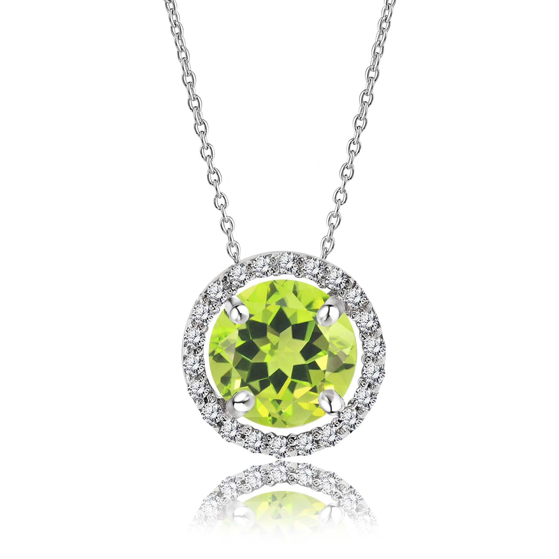 Solitaire 1.25 Carat Round Cut - Peridot - August Birthstone Halo Pendant Necklace 18k White Gold plating over Silver, Adult, Female