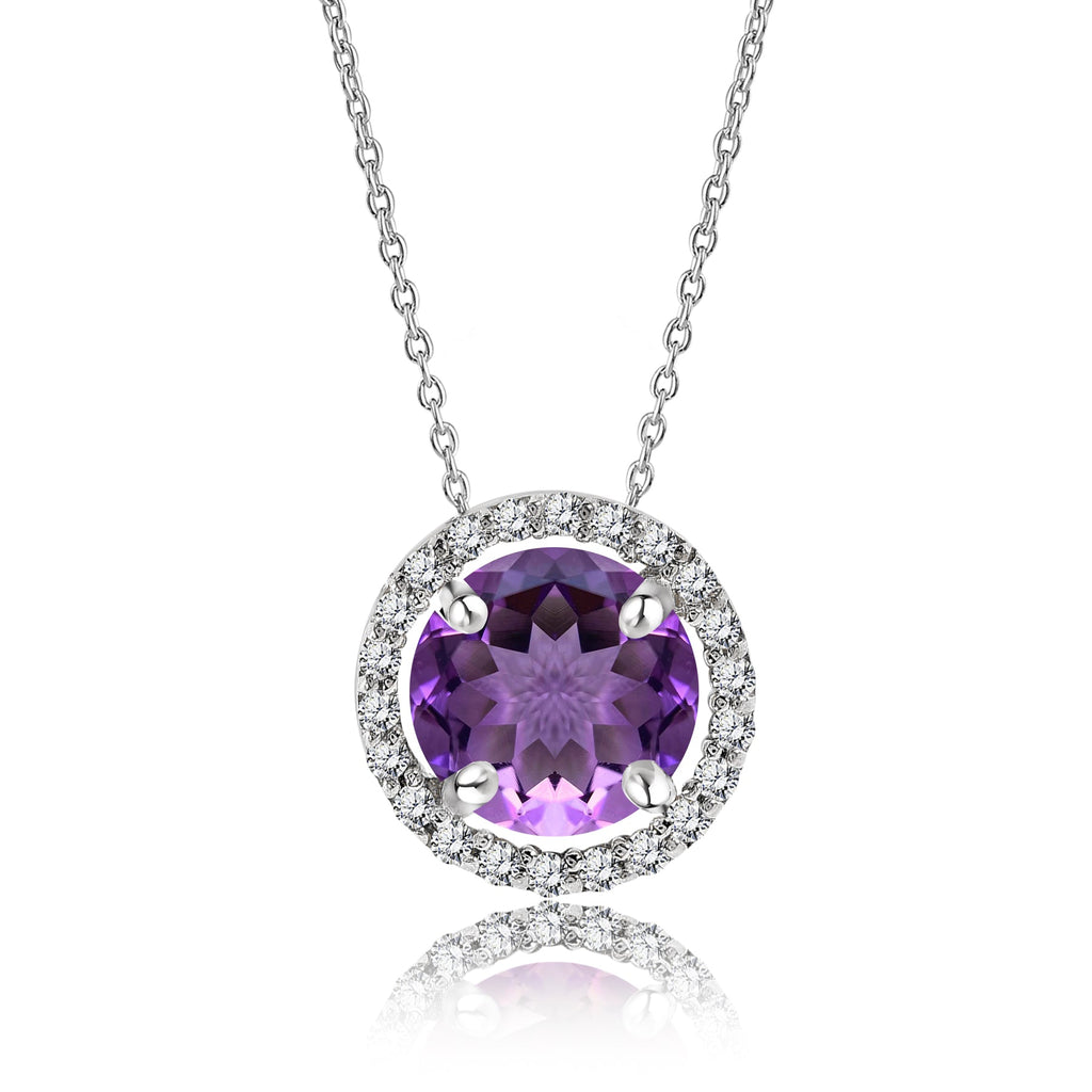 Solitaire 1.25 Carat Round Cut - Amethyst - February Birthstone Halo Pendant Necklace 18k White Gold plating over Silver, Adult, Female