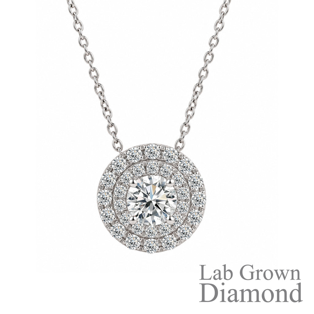 JeenMata Lab Grown Diamond 1 Carat Round Cut Double Halo Pendant Necklace in 18K White Gold Plating for Women