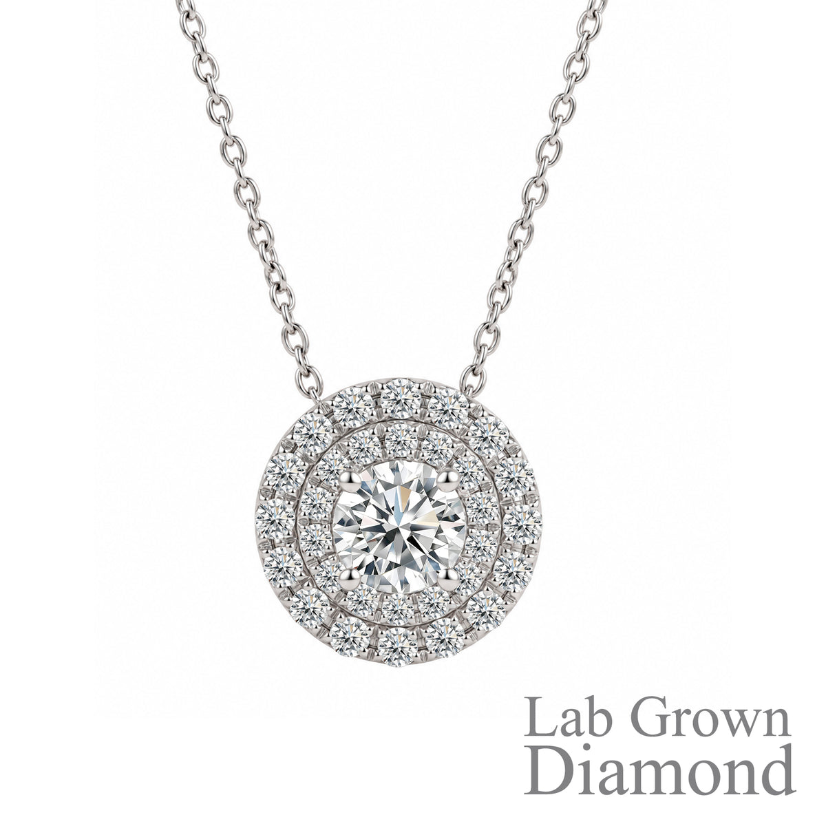 JeenMata Lab Grown Diamond 1 Carat Round Cut Double Halo Pendant Necklace in 18K White Gold Plating for Women