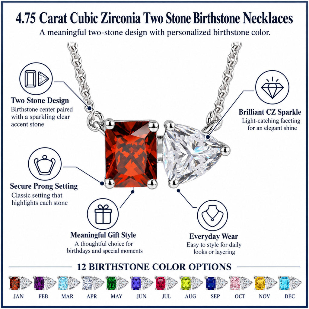 JeenMata 4.75 Carat Garnet & Cubic Zirconia Two Stone Birthstone Necklaces -January Birthstone Emerald and Trillion Cut Pendant Necklace in 18K White Gold Plating Gift for Women