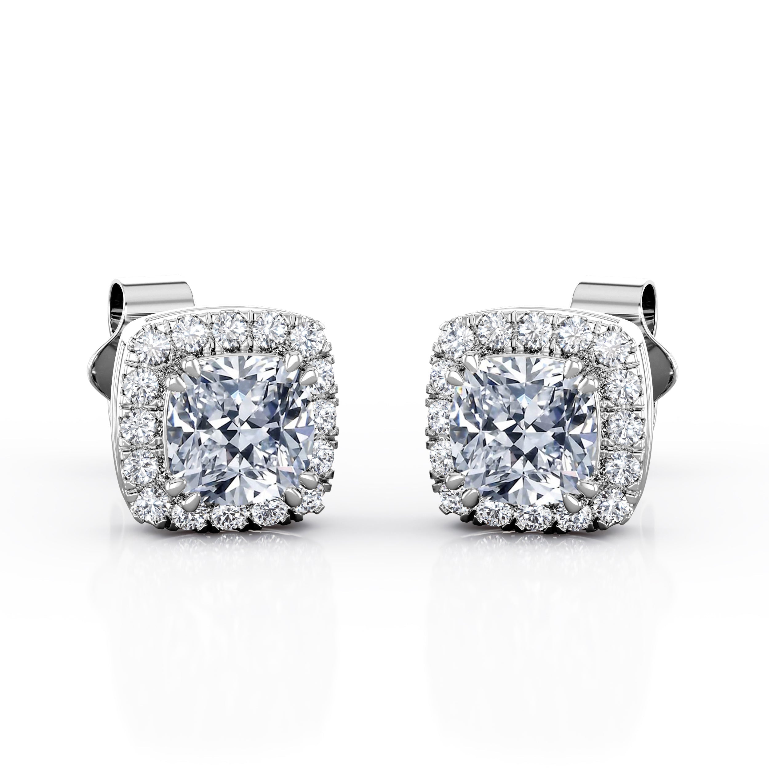Double Prong 1.10 Carat Cushion Cut Certified Moissanite and Diamond Halo Pave Stud Earrings in Yellow Gold