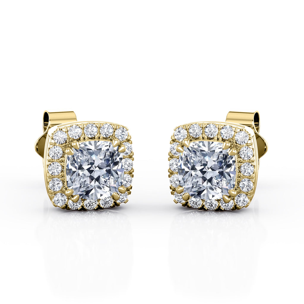 Double Prong 1.10 Carat Cushion Cut Certified Moissanite and Diamond Halo Pave Stud Earrings in Yellow Gold