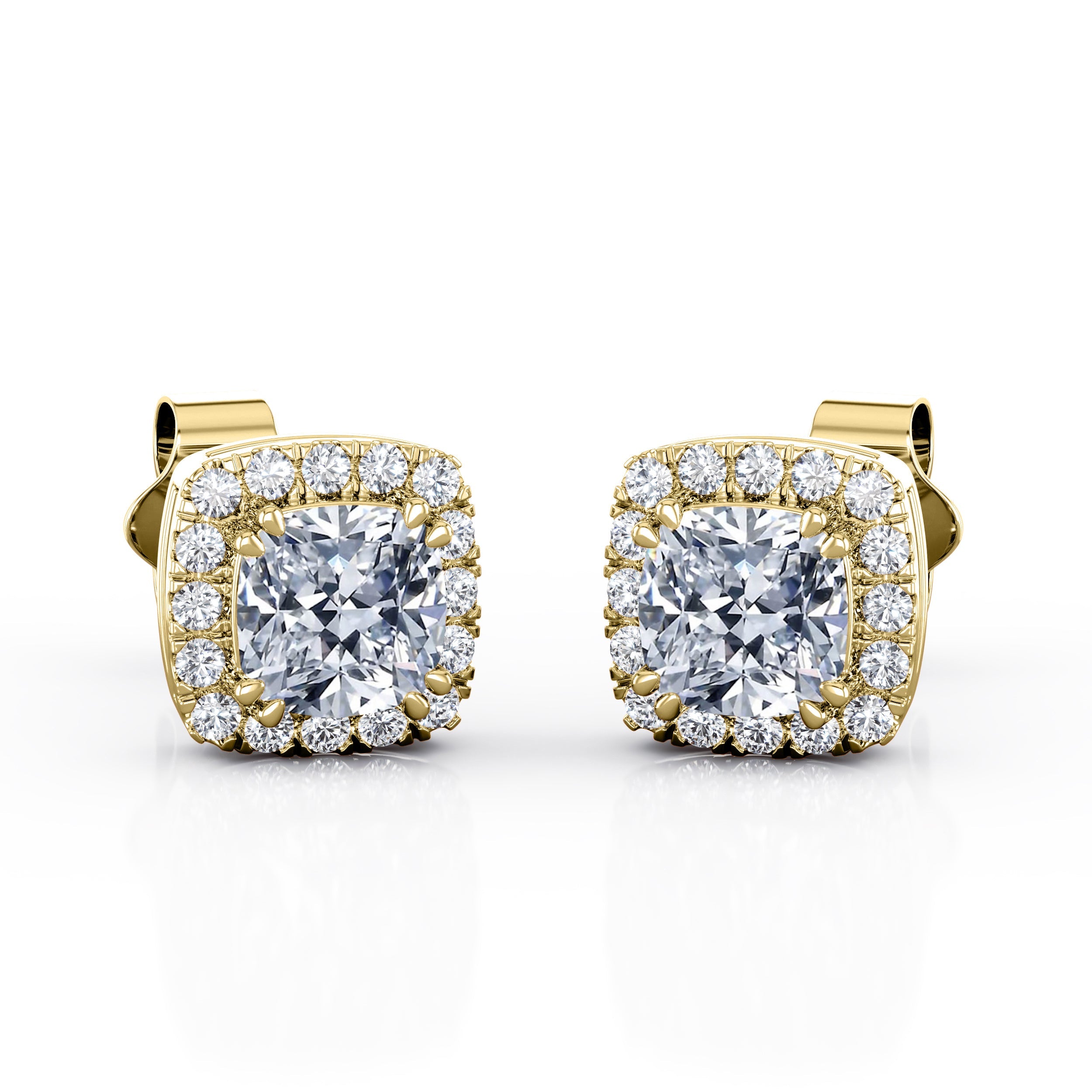 Double Prong 1.10 Carat Cushion Cut Certified Moissanite and Diamond Halo Pave Stud Earrings in Yellow Gold