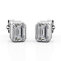JeenMata Bezel Set 2 Carat Emerald Shaped Moissanite Solitaire Stud Earrings In 18K White Gold Plating Over Silver
