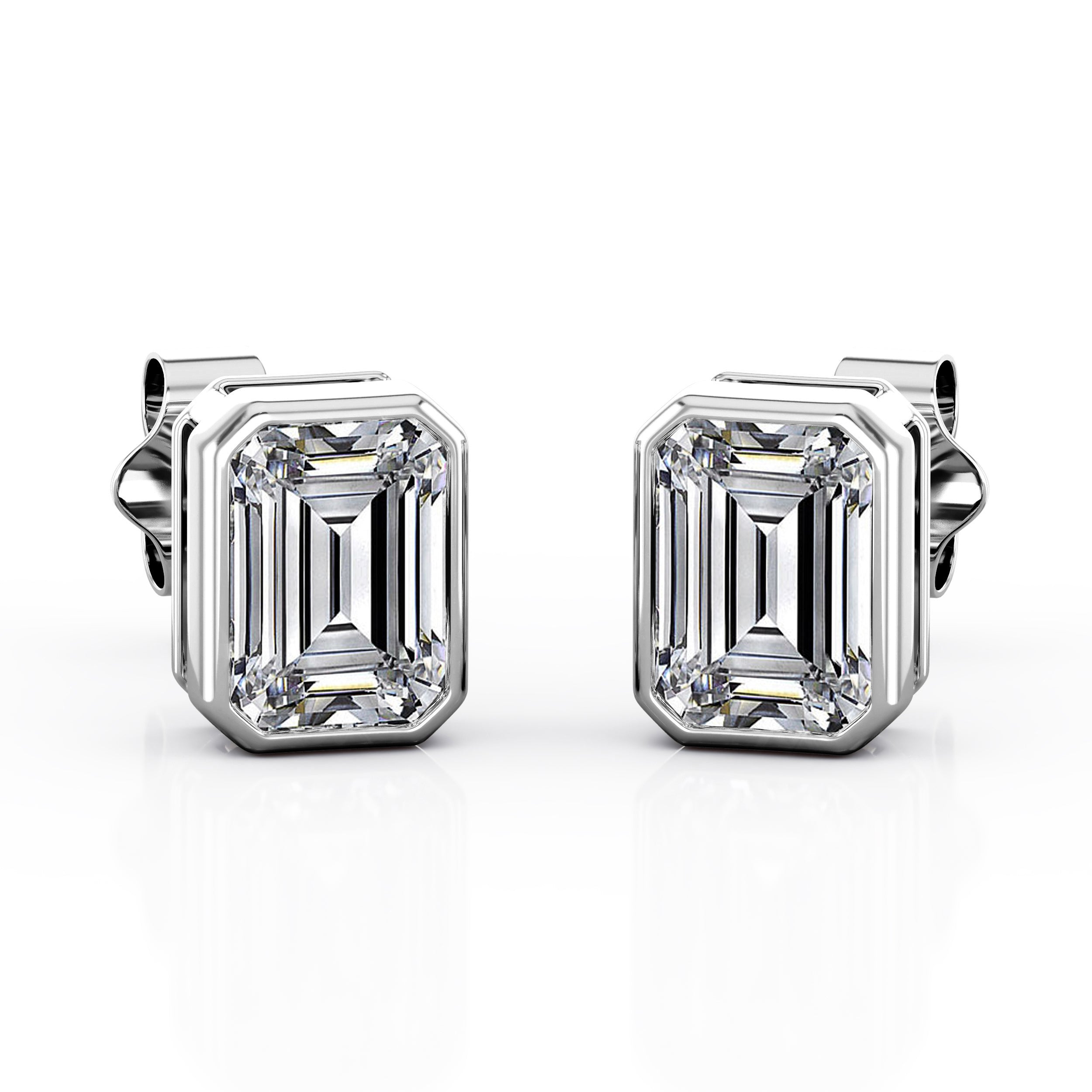JeenMata Bezel Set 1 Carat Emerald Shaped Moissanite Solitaire Stud Earrings In 18K White Gold Plating Over Silver