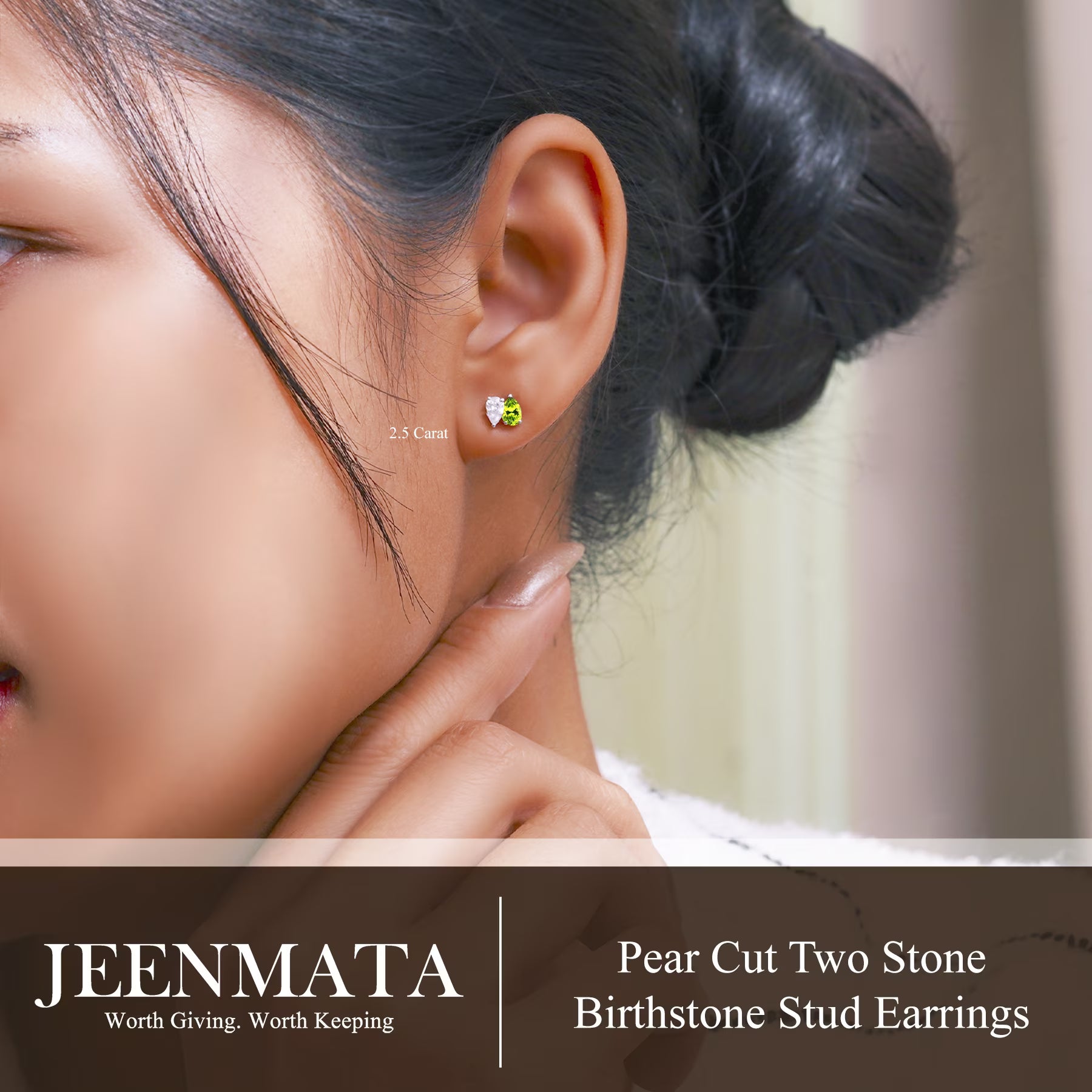JeenMata 2.5 Carat Pear Cut August Birthstone Stud Earring - Peridot & Cubic Zirconia Two Stone Earrings in 18K White Gold Plating Gift for Women