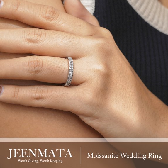 JeenMata Moissanite Stackable Anniversary Ring - Micro Pave Half Eternity Wedding Rings for Women in 18K White Gold Plating, Gift for Her, Gift for Women
