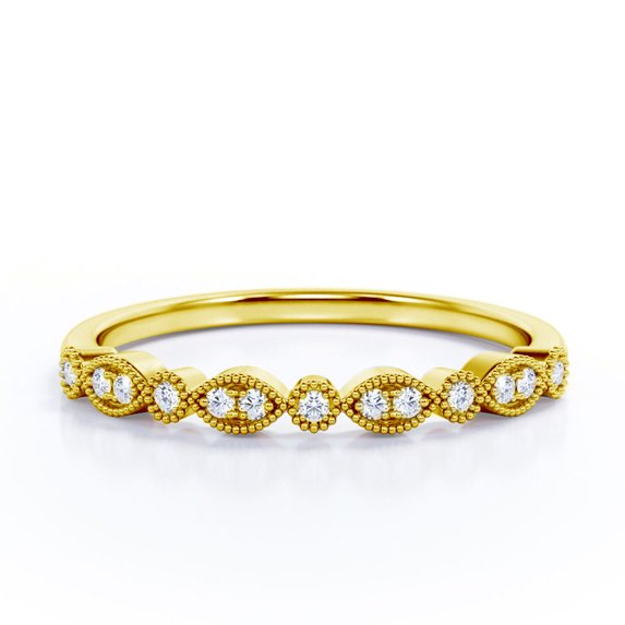 JeenMata Art-Deco 0.25 Carat Round Brilliant Cut April Birthstone Filigree Milgrain Wedding Band in 18K Yellow Gold Plating for Women