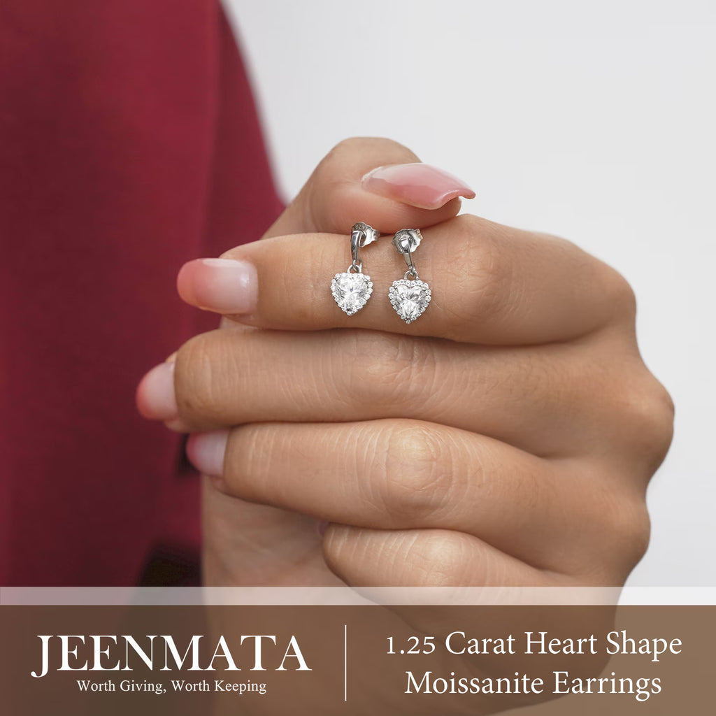 JeenMata Forever Heart 1.25 Carat - Moissanite - April Earrings in 18K White Gold Plating over Silver