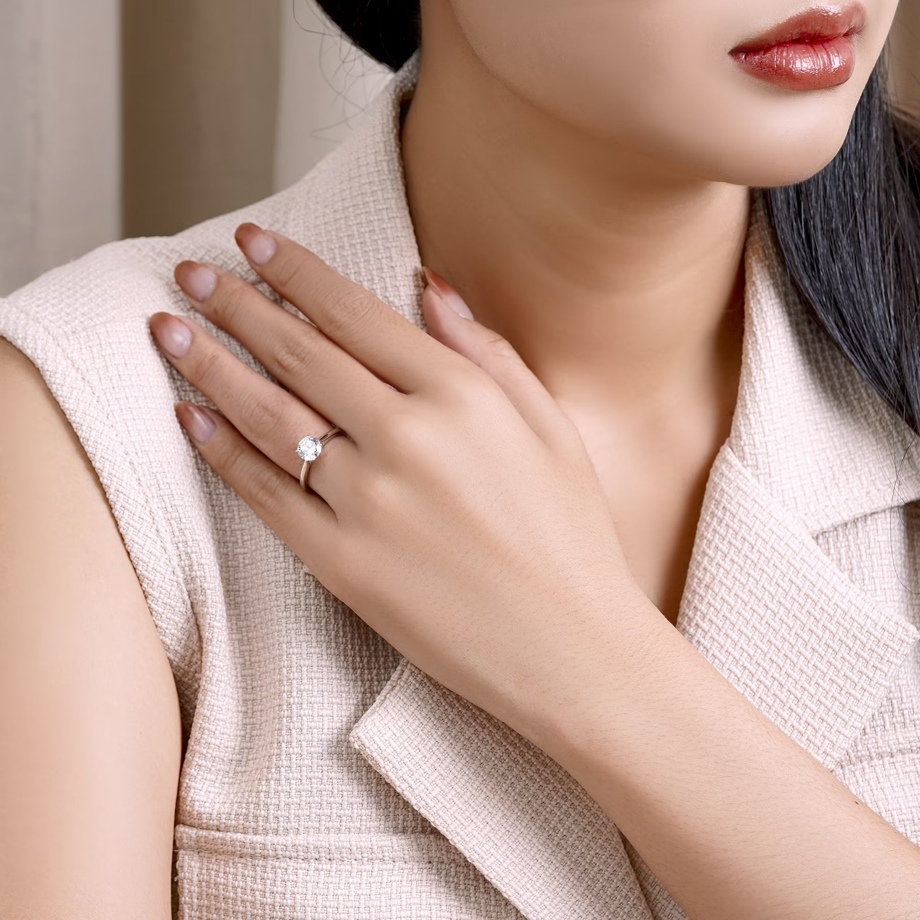 JeenMata Lab Grown Diamond 1 Carat Round Cut Solitaire Engagement Ring in 18K White Gold Plating for Women