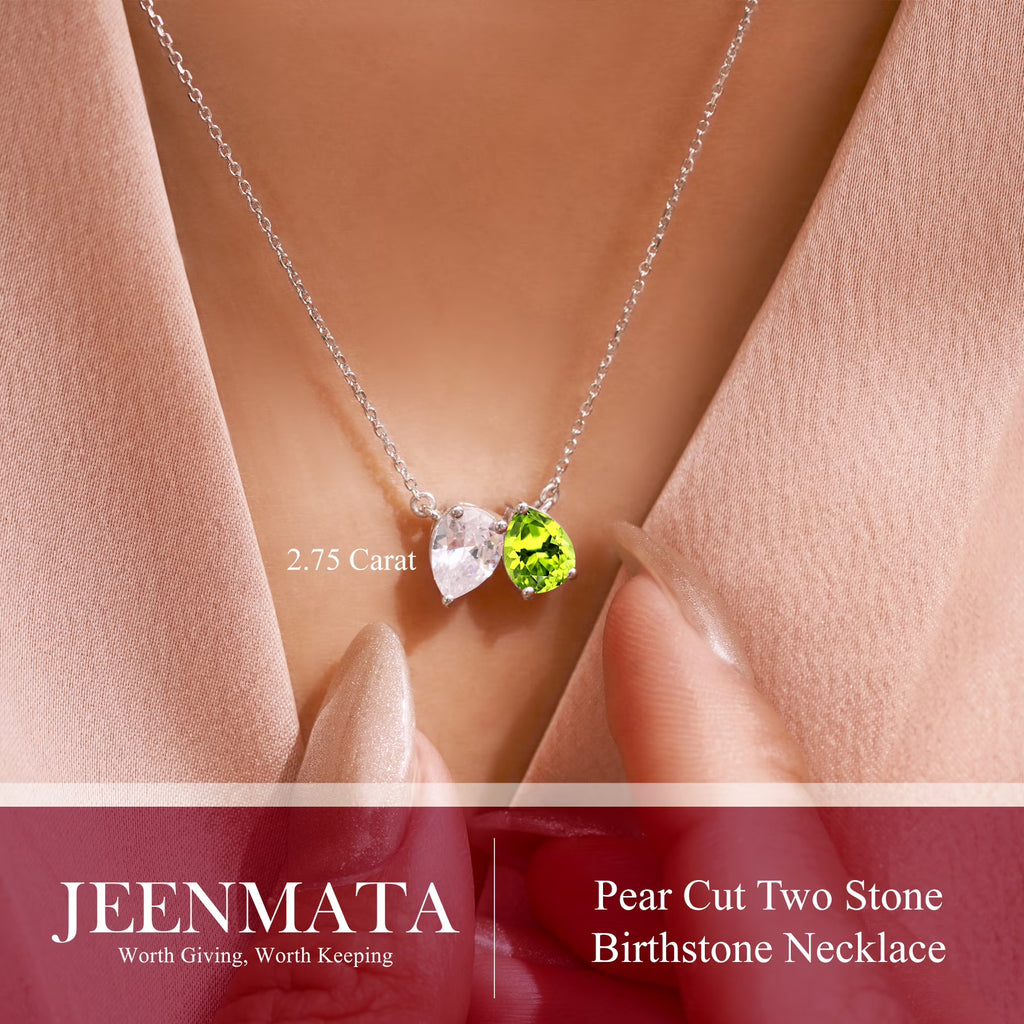 JeenMata 2.75 Carat August Birthstone Necklace - Pear Cut Two Stone Peridot & Cubic Zirconia Necklaces in 18K White Gold Plating Gift for Women, Mother, Her