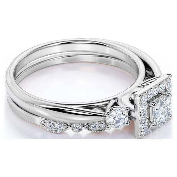 JeenMata 1.5 ct Princess Cut Moissanite - 3 Stone Art Deco - Halo Ring & Scalloped Band - Vintage Wedding Ring Set in 18K White Gold Plating for Women