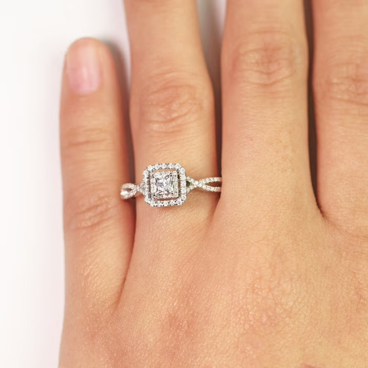 JeenMata Elegant Square Cut Lab Grown Diamond - Twisted Band - Pave - Double Halo Engagement Ring - 10K White Gold