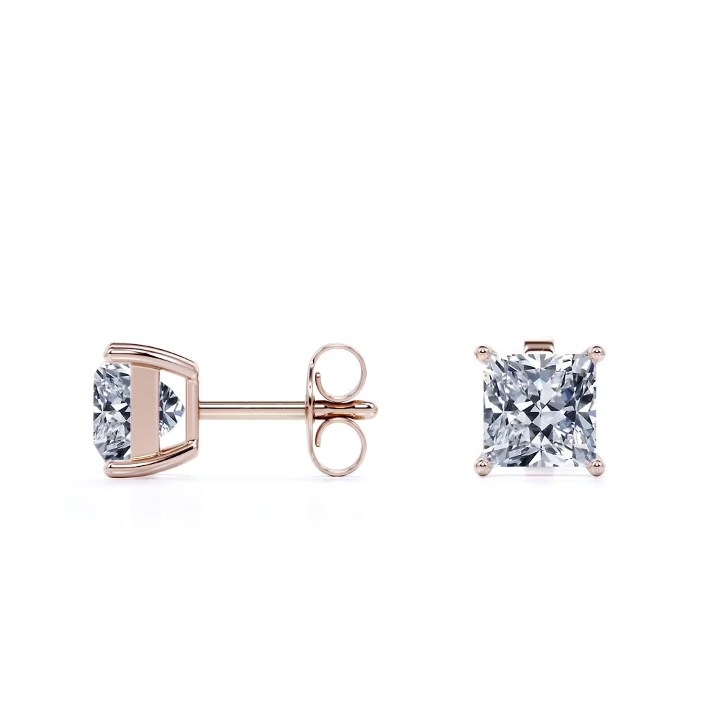 JeenMata 1 Carat Princess Cut Moissanite 4 Prong - Solitaire Stud Earrings - 18K Rose Gold Plating Over Silver